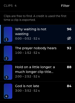 A list of clips from a sample project. Each row shows a clip title, its time range and a score such as 96, 92, 88 and 84.
