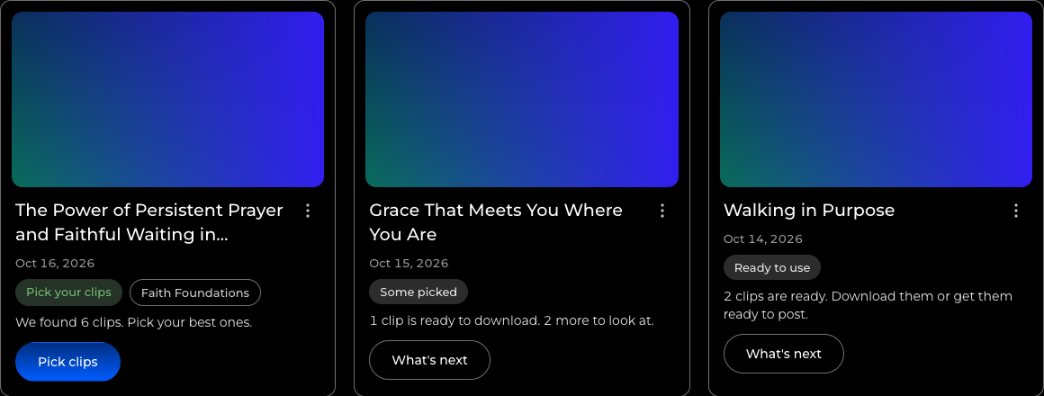 The Projects page of Amplify Studio: a grid of sermon cards, each with a status such as Pick your clips or Ready to use and one line saying what to do next.